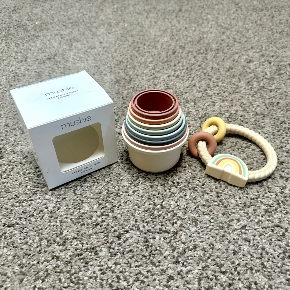 New Bundle Mushie Stacking Cups & Itzy Ritzy Silicone Teether with Rattle